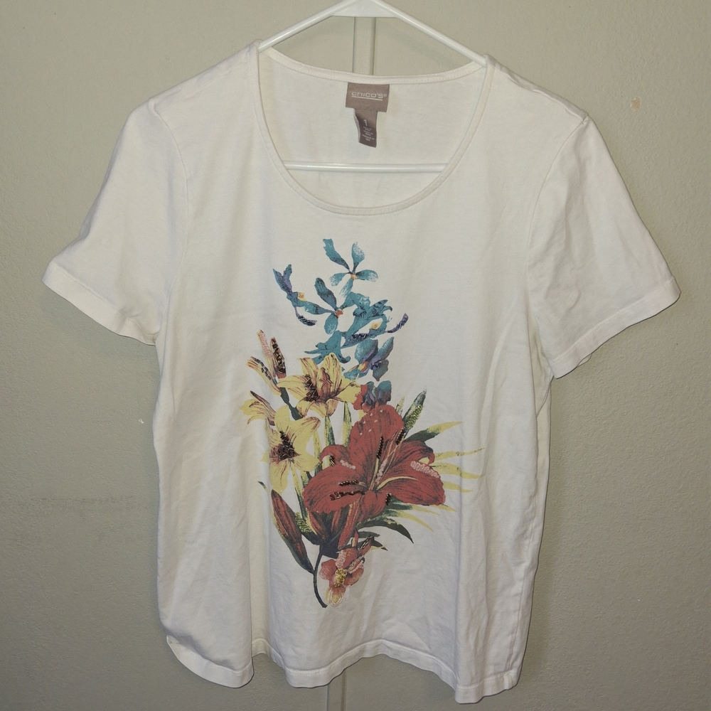 Chico'sCroft & Barrow White Tee with Colorful Floral Design